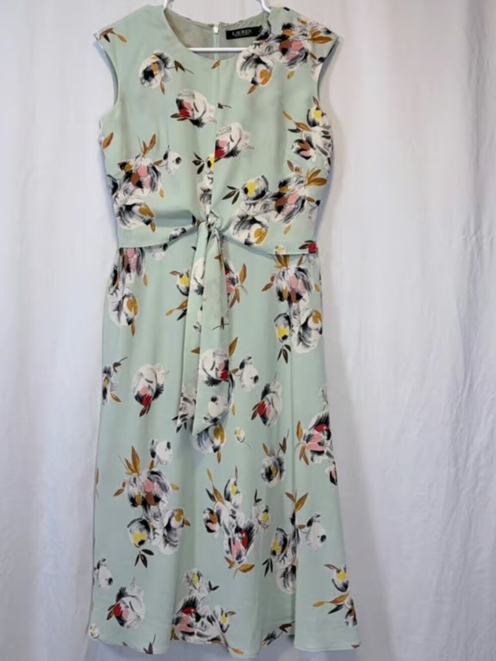 Lauren Ralph Lauren Dress Floral Tie Waist Sage Green Sleeveless Midi 6